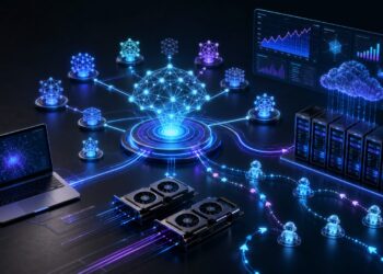Editorial map of open AI model nodes connected to GPUs, a laptop, cloud servers, benchmark dashboards, and AI agents.