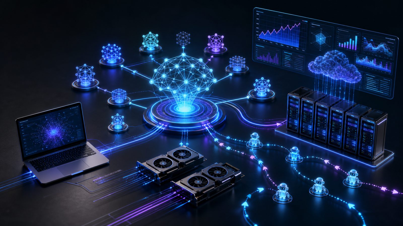 Editorial map of open AI model nodes connected to GPUs, a laptop, cloud servers, benchmark dashboards, and AI agents.