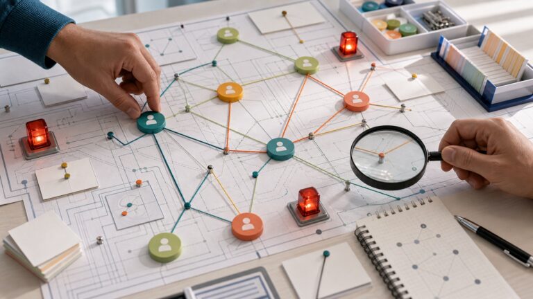 AI-generated editorial image showing a tactile AI agent monitoring map with colored trace threads, issue lights, and inspection tools, with no readable text.