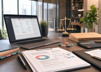 AI-generated editorial image showing legal operations budgeting for AI agent usage, with contract folders, pricing tokens, and blurred unreadable dashboards