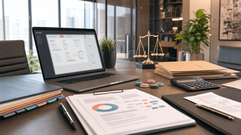 AI-generated editorial image showing legal operations budgeting for AI agent usage, with contract folders, pricing tokens, and blurred unreadable dashboards