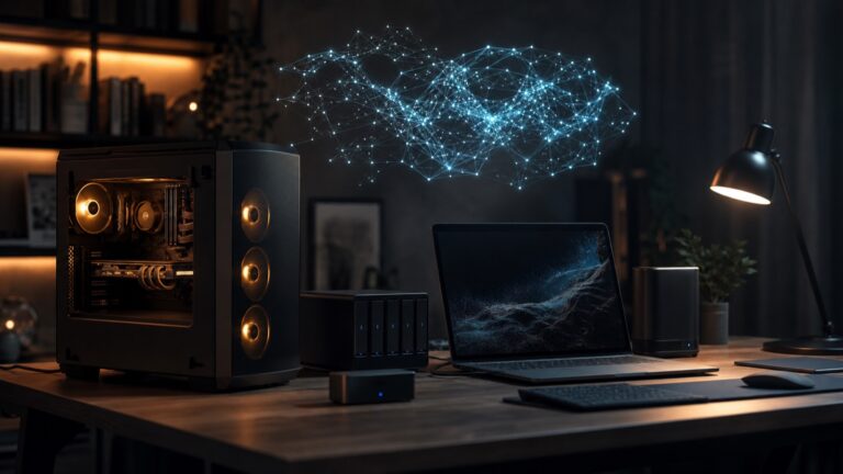 AI-generated editorial image of a desktop PC, laptop, and home server running private local AI models.