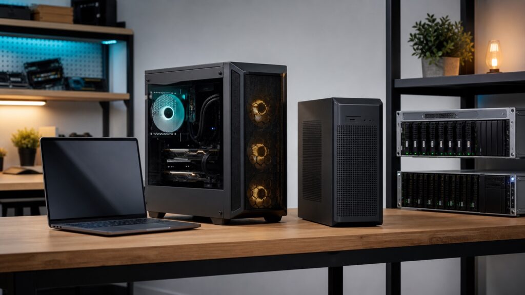 AI generated image showing laptop, GPU desktop, workstation, and server hardware tiers for local LLMs