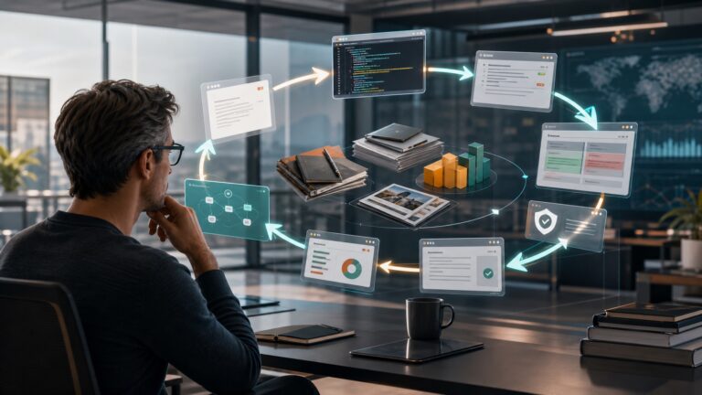 AI generated editorial image showing a human operator supervising an AI loop engineering workflow with goal, verification, and revision artifacts.