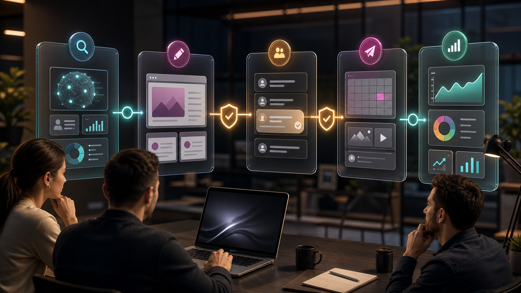 Illustration of marketing workflow automation with research, drafting, approvals, publishing, and analytics.