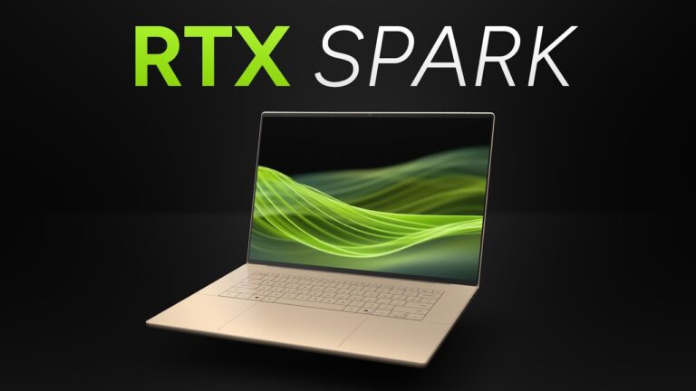 RTX Spark laptop product render with NVIDIA green wave graphic on a black background.