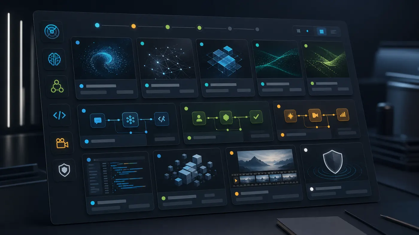 Abstract grid of new AI tools, agents, model releases, and creator workflows