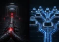 AI-generated editorial image of a locked closed AI model in a glass tower beside decentralized open model servers