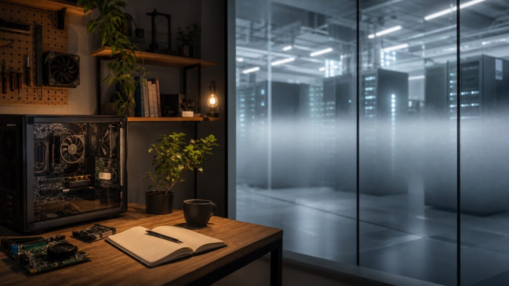 AI generated editorial image showing a local open hardware workspace beside a distant closed cloud data center