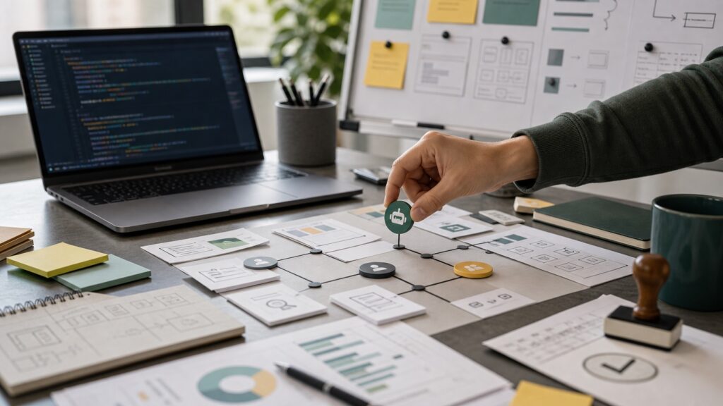 AI-generated editorial image showing an AI coding agent token moving from code toward cross-functional workflow planning, with no readable text.