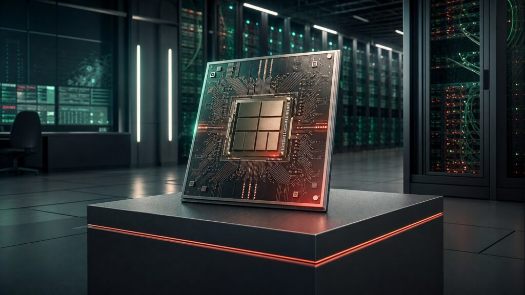 Original editorial illustration of a custom AI inference chip inside a data center.