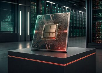Original editorial illustration of a custom AI inference chip inside a data center.