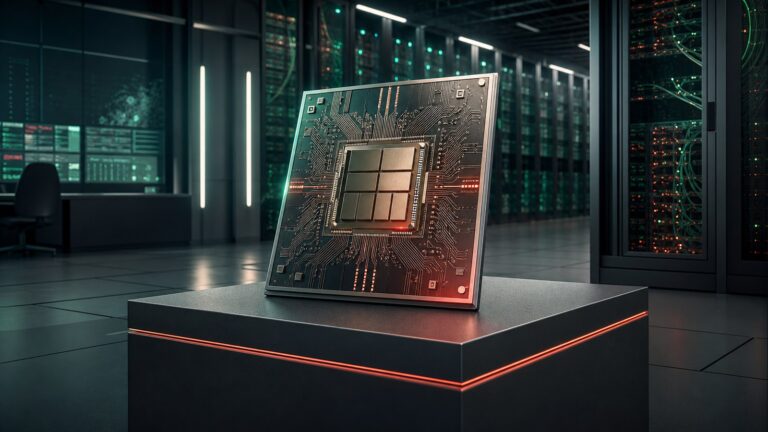Original editorial illustration of a custom AI inference chip inside a data center.