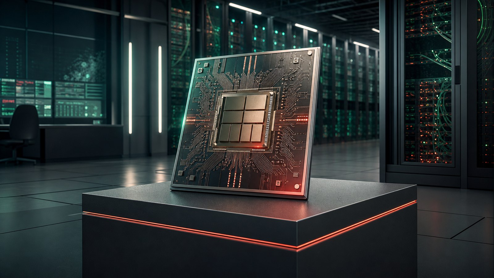 Original editorial illustration of a custom AI inference chip inside a data center.