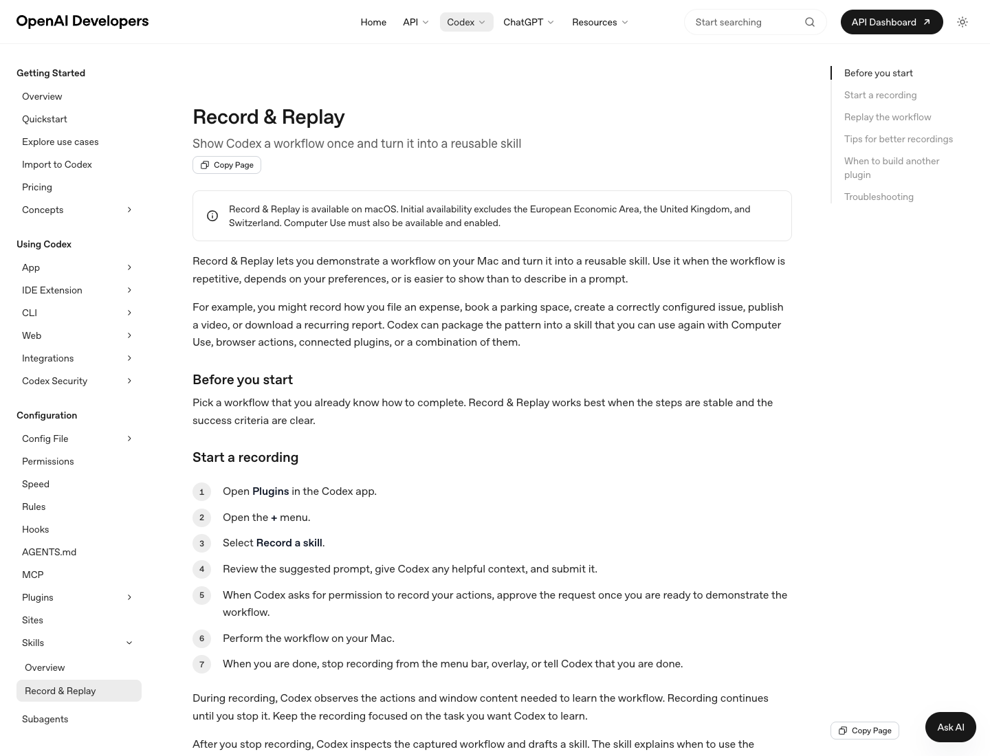 Screenshot of the official OpenAI Record & Replay documentation page.