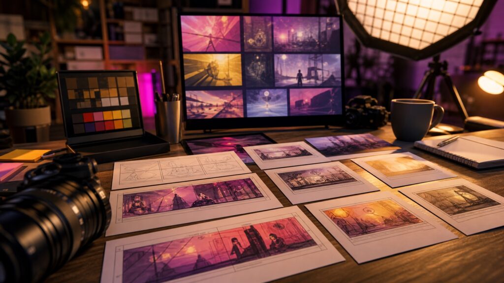 AI-generated editorial image showing a creative direction studio with storyboard cards, camera lens, color tools, and abstract frames, with no readable text.