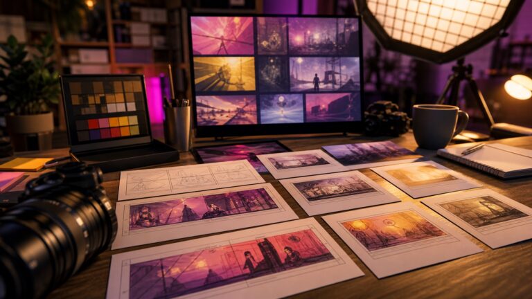 AI-generated editorial image showing a creative direction studio with storyboard cards, camera lens, color tools, and abstract frames, with no readable text.