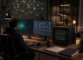 AI generated editorial image of a creator controlling a local AI workstation for an owned AI stack