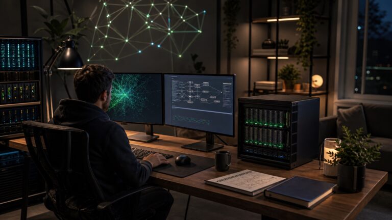 AI generated editorial image of a creator controlling a local AI workstation for an owned AI stack