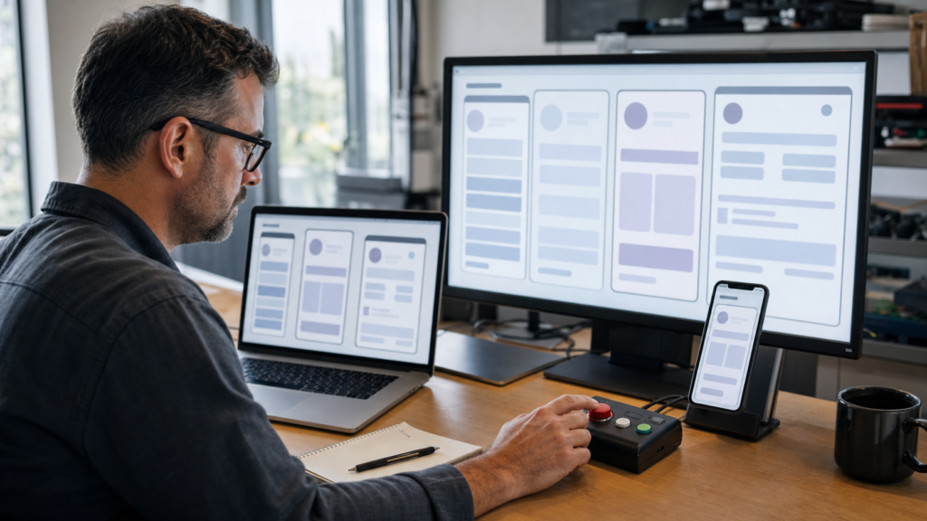 QA engineer supervises a computer-use workflow across desktop, laptop, and phone
