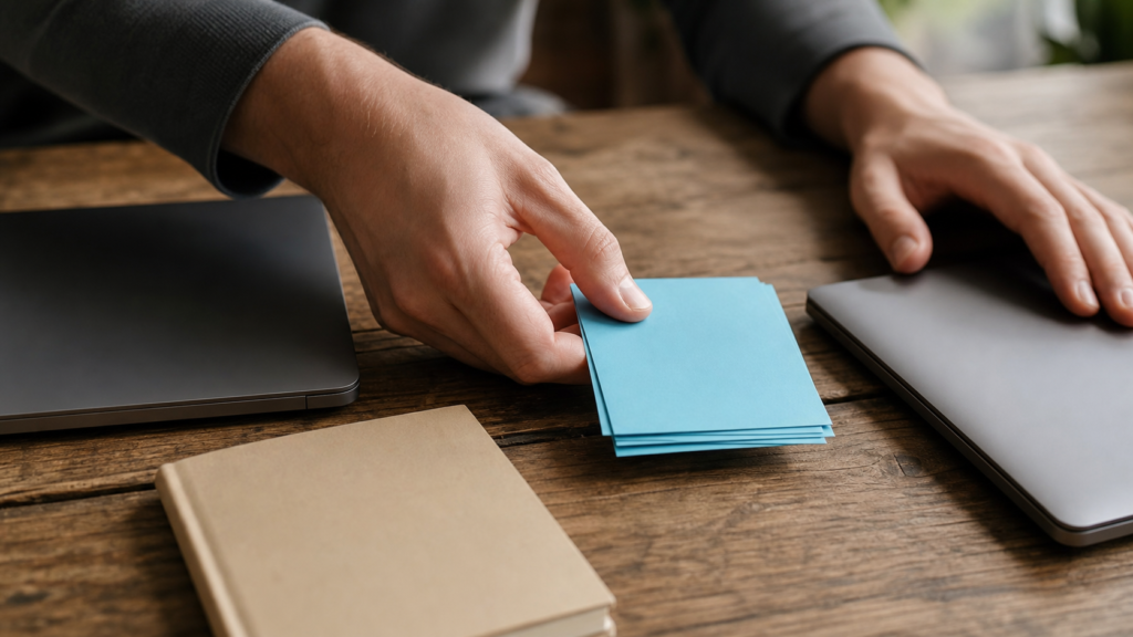 Developer moves blank project context cards between two coding workstations