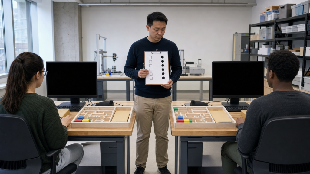 Evaluator oversees two isolated agent testing stations