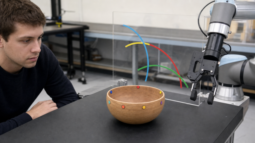 Researcher observes robot gripper and marked bowl in 3D motion forecasting lab