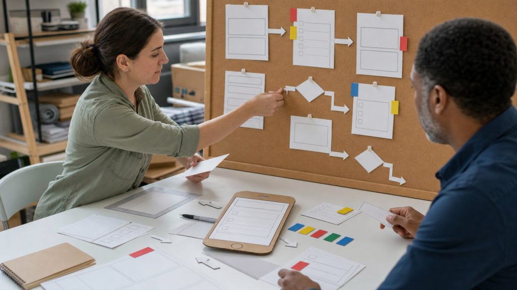 Operations team arranges blank forms and workflow steps for a no-code app