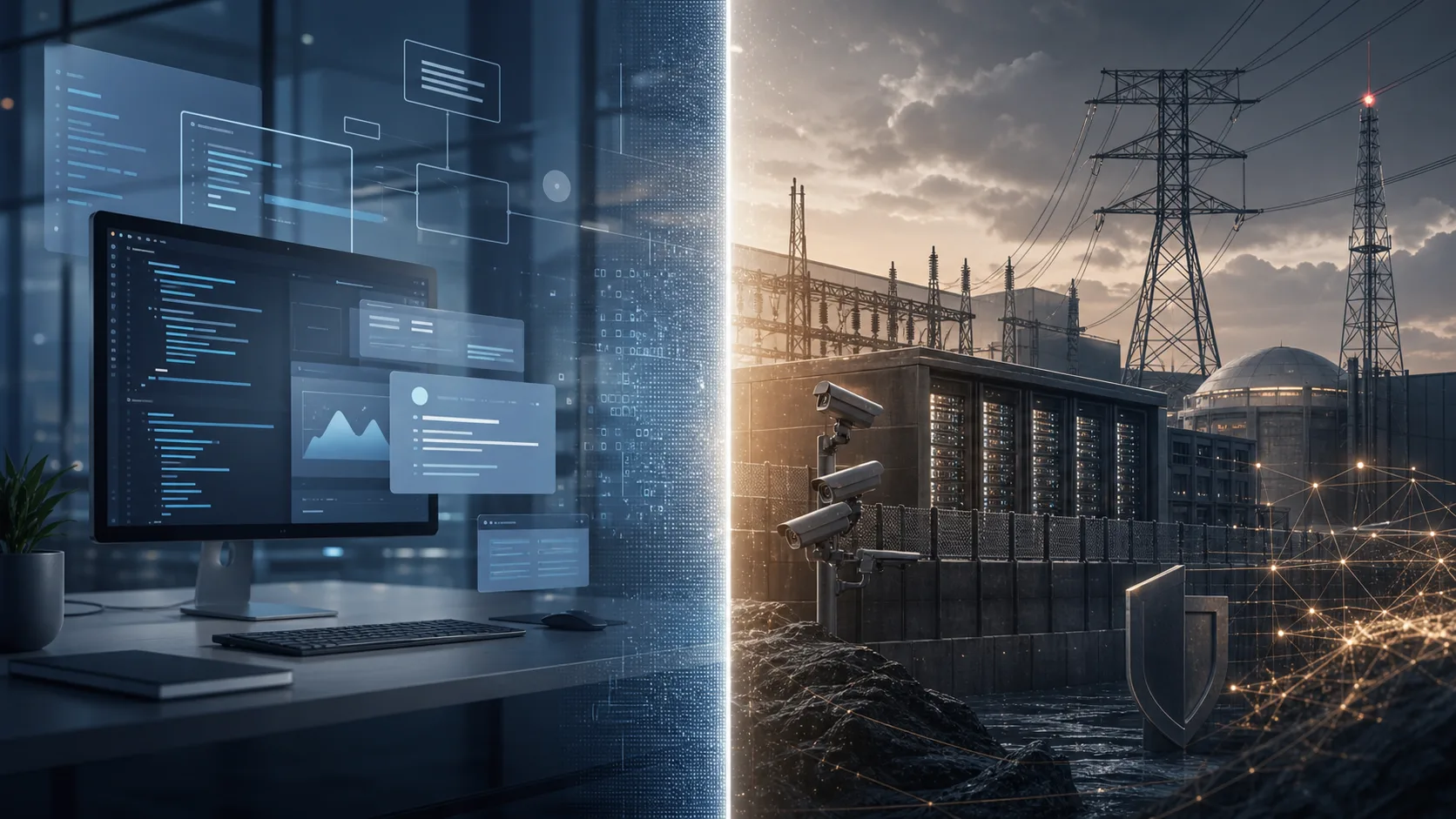 Split screen showing private software on one side and strategic infrastructure on the other
