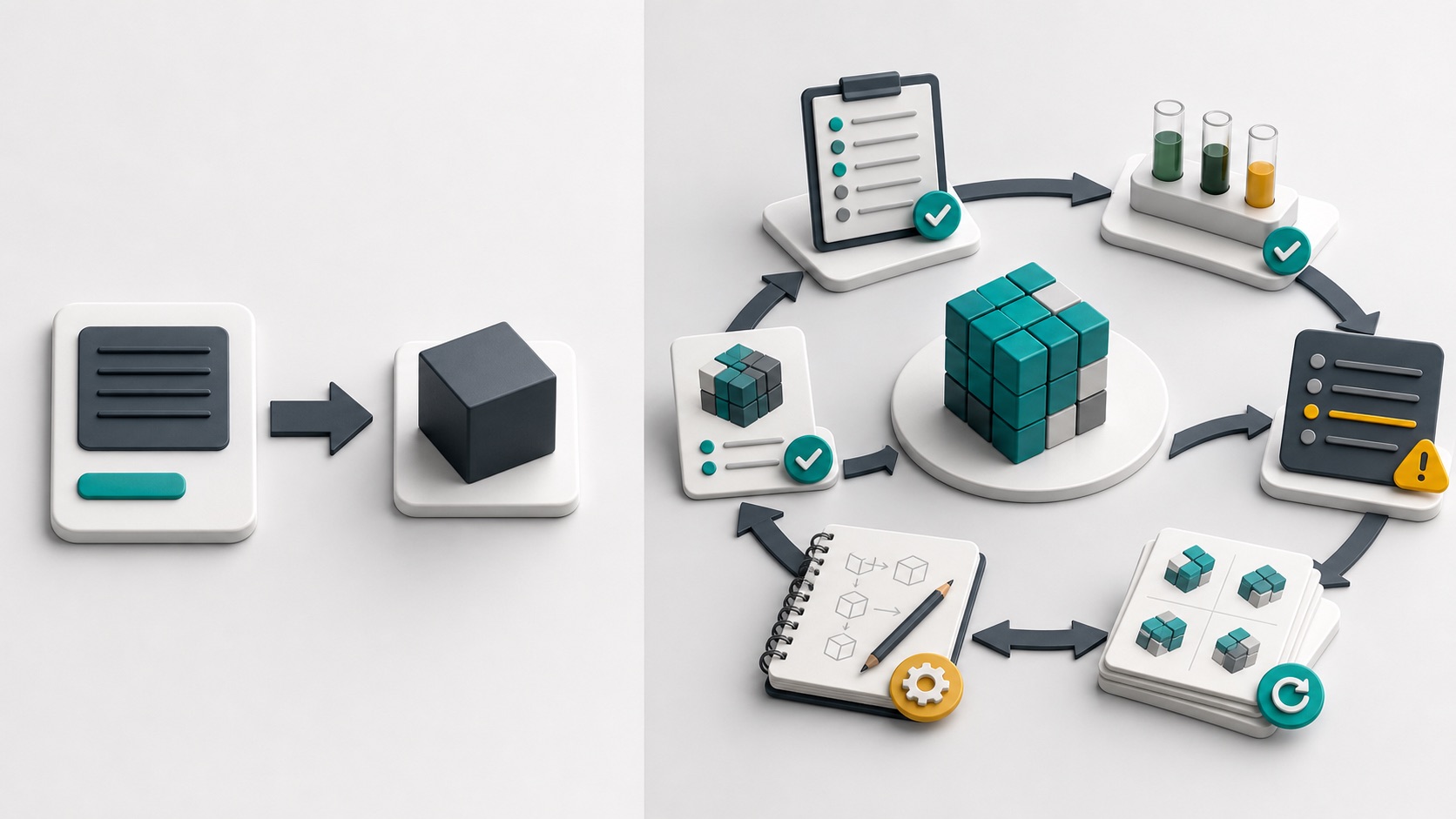 Editorial image contrasting a one-shot prompt workflow with an iterative AI loop workflow.