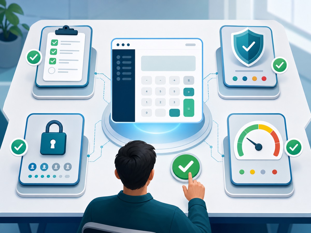 AI generated editorial image showing an AI-built app passing QA, security, privacy, and cost-control review before launch.