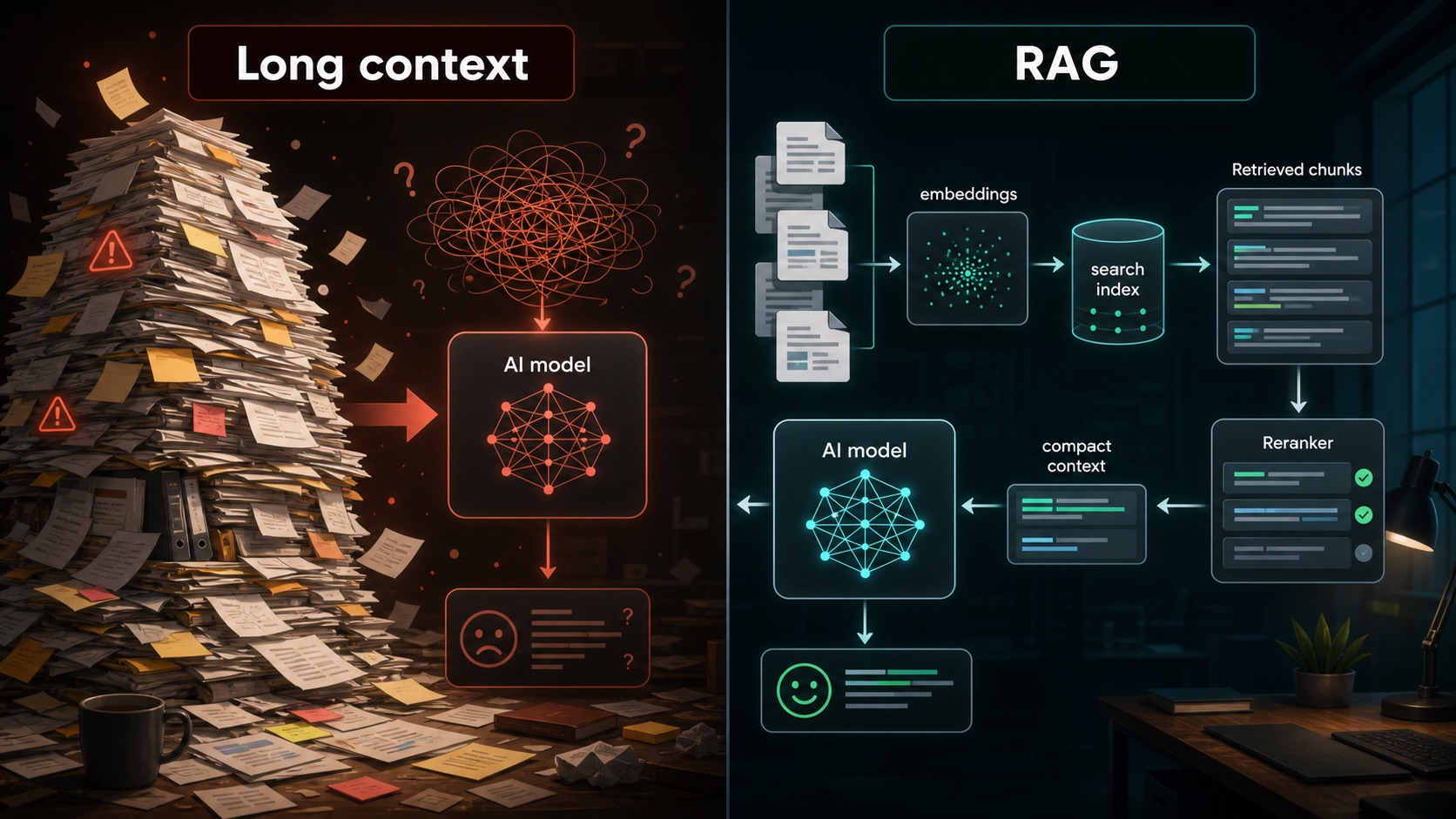 A comparison of messy long-context document stuffing versus a clean RAG pipeline with embeddings, search, reranking, compact context, and an answer model.