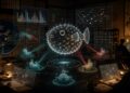 Sakana Fugu AI benchmark visualization with a neural network fish and multi-agent model nodes.