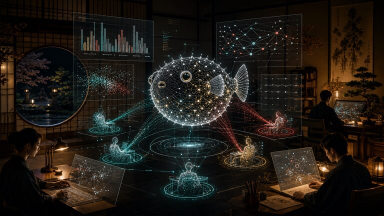 Sakana Fugu AI benchmark visualization with a neural network fish and multi-agent model nodes.