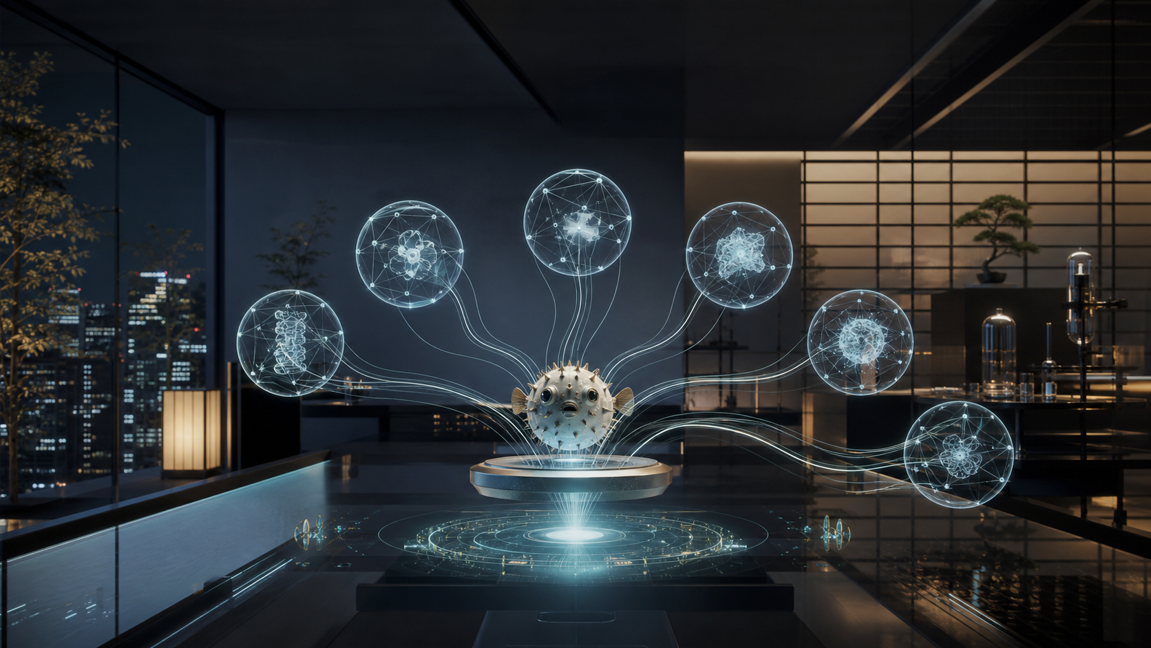 Cinematic Japanese-inspired AI lab with a pufferfish-like multi-agent network, used as the featured image for a Sakana Fugu Ultra benchmark investigation.