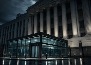 Private AI lab overshadowed by massive government architecture symbolizing soft nationalization of frontier AI