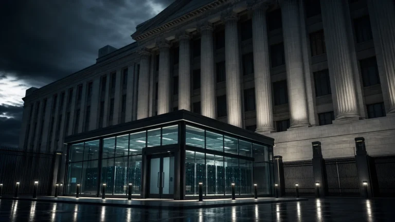 Private AI lab overshadowed by massive government architecture symbolizing soft nationalization of frontier AI