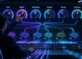 A futuristic AI model router dashboard with dials for cost, speed, reasoning, context, privacy, and accuracy.