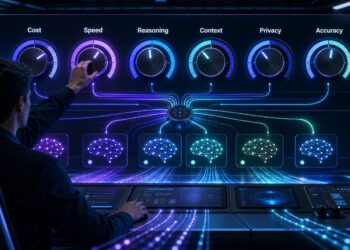 A futuristic AI model router dashboard with dials for cost, speed, reasoning, context, privacy, and accuracy.