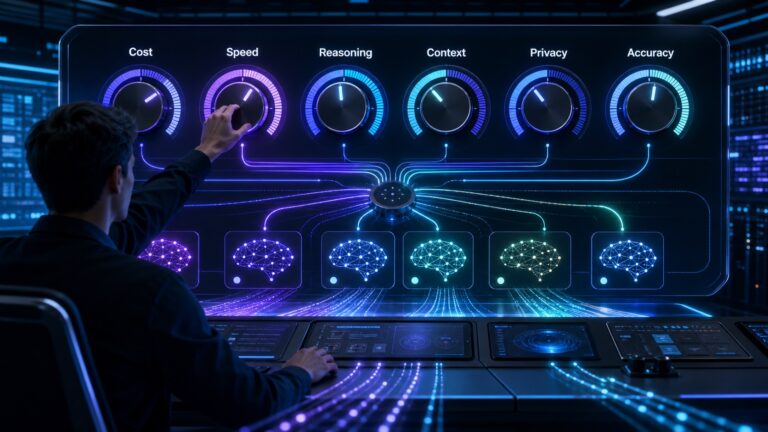 A futuristic AI model router dashboard with dials for cost, speed, reasoning, context, privacy, and accuracy.