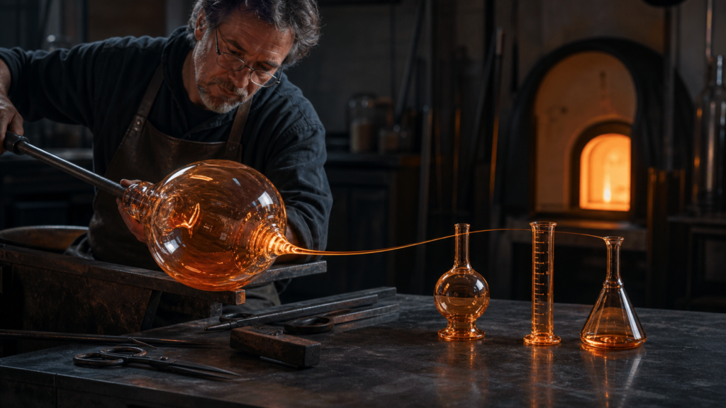 Glassblower shaping one large glowing vessel into three smaller instruments, an editorial metaphor for AI model distillation.