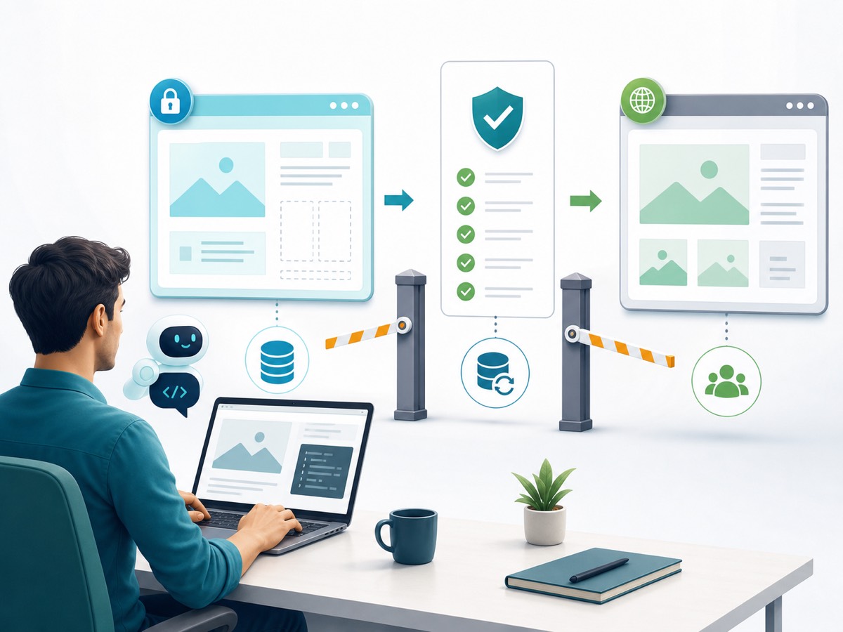AI generated editorial image showing backups, staging, private pages, and QA checks before a website change goes live.
