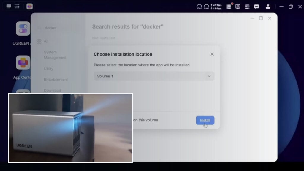 UGREEN NAS beside an UGOS Pro dialog for installing Docker to Volume 1.