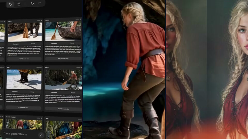 Dreamina Octo storyboard, cave scene, and character portraits shown side by side.