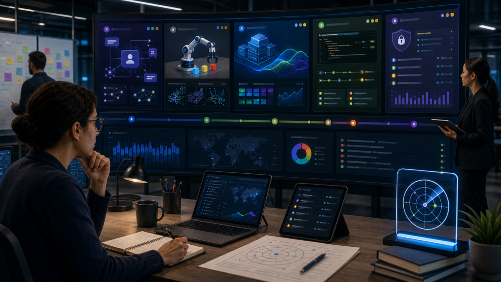 Editorial image of a July 7 AI launch radar dashboard tracking agent, robotics, training, and coding-tool launches.