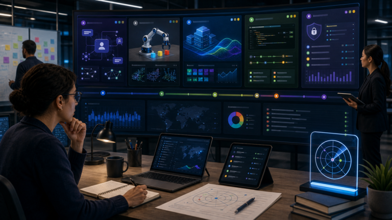 Editorial image of a July 7 AI launch radar dashboard tracking agent, robotics, training, and coding-tool launches.