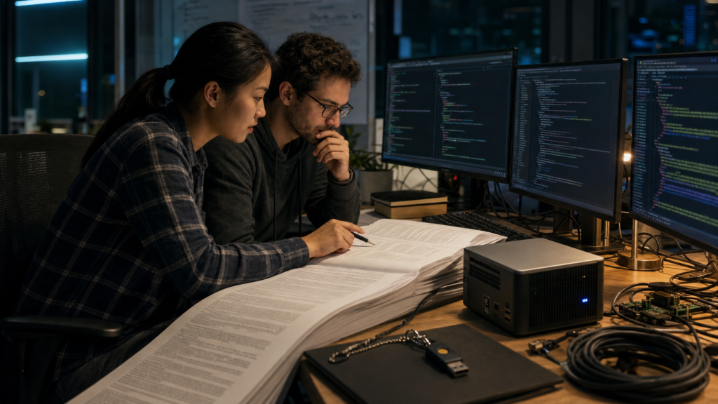 Two developers review source documents and code for the July 17 AI Launch Radar