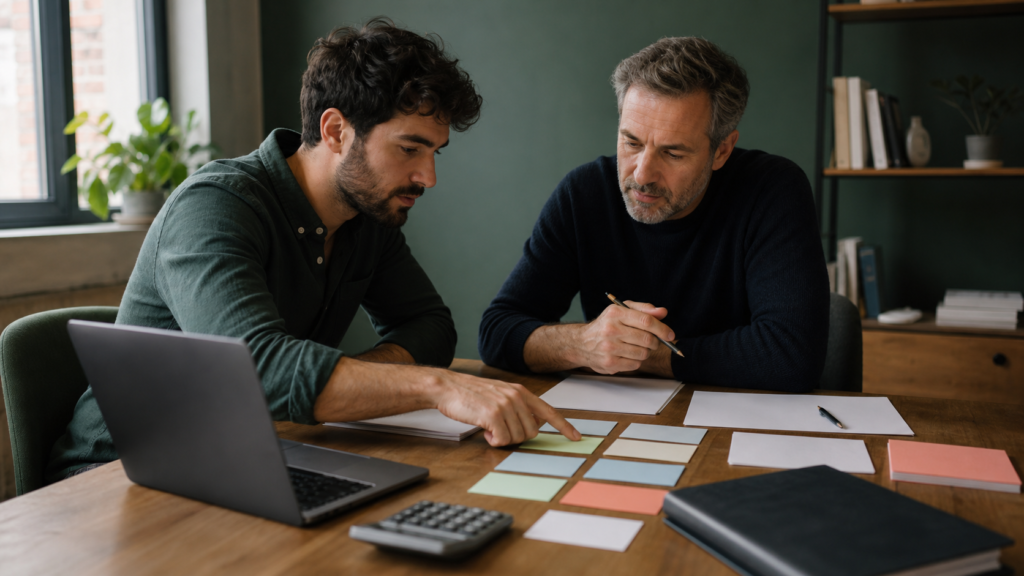 Startup founder and advisor reviewing a blank investor-fit workflow without unsupported metrics