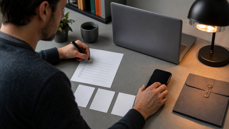 Independent reviewer testing a new AI launch with blank output cards and an evidence checklist