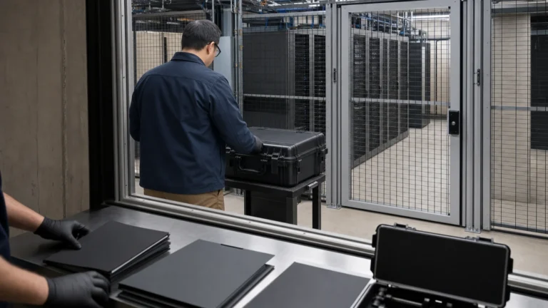 Security reviewer handling a sealed equipment case outside a closed server cage during a restricted preview.